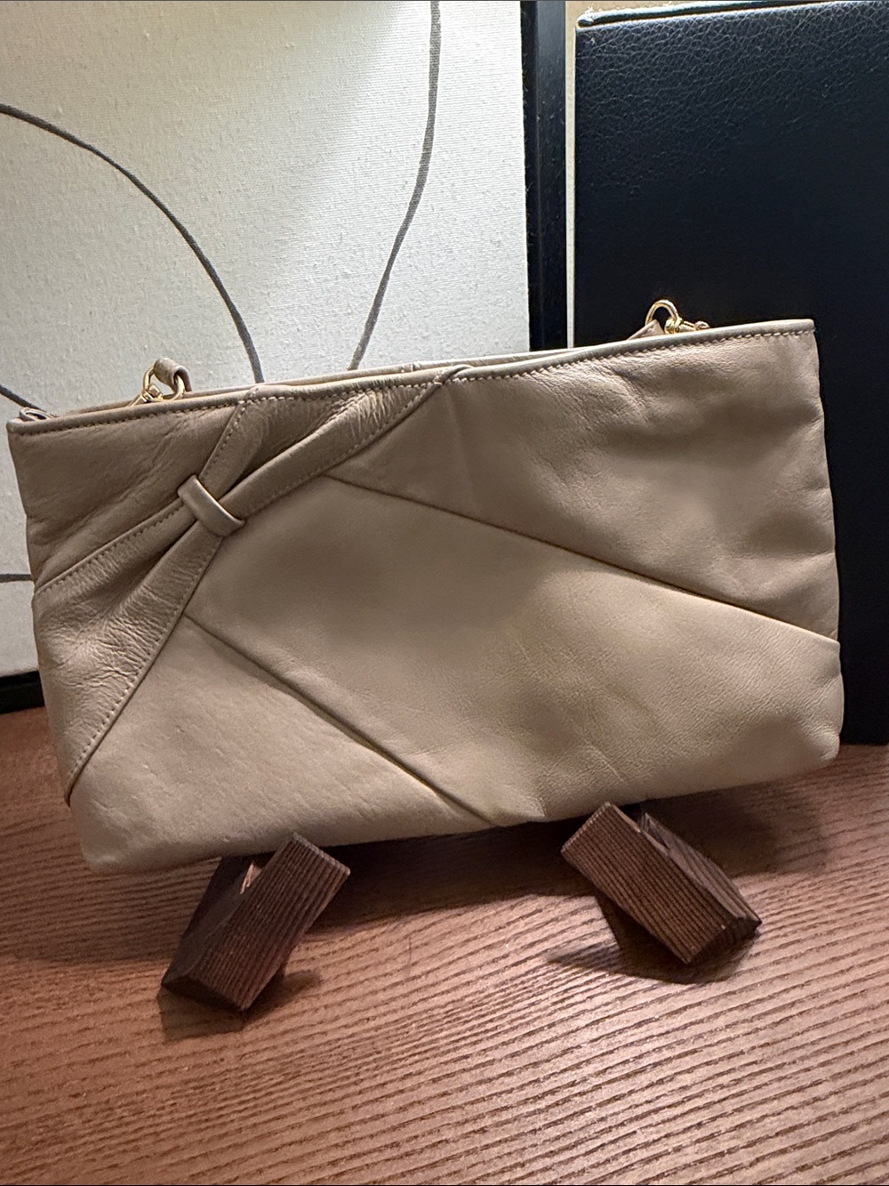 Vintage Taupe Leather Clutch with Subtle Knot Detail